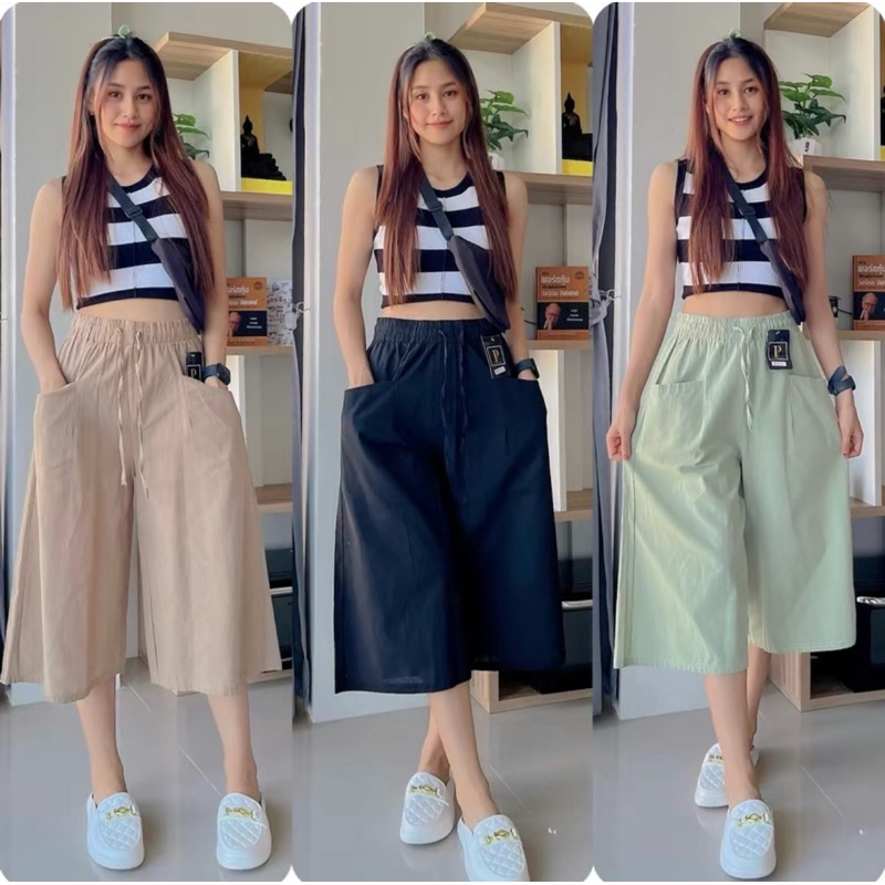รหัส W71Sกางเกงผ้าฝ้ายขาบาน 7ส่วนกระเป๋าสองข้าง