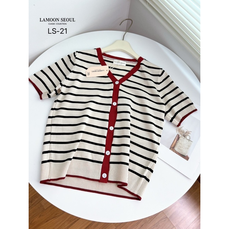 เสื้อไหมพรมคอวีริ้วดีเทลแต่งขอบสีสวย สไตล์ Korea LM02