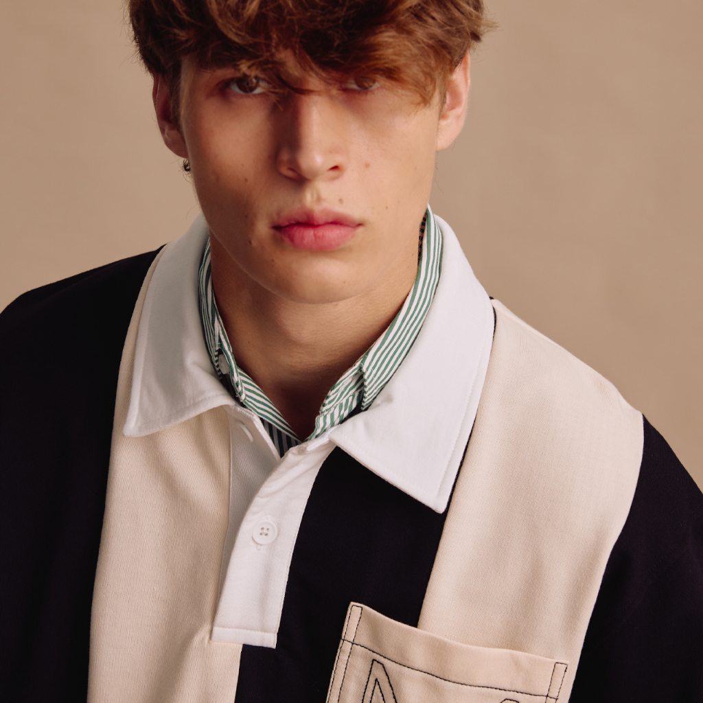 [MOO 1/25] Preppy Rugby Shirt เสื้อรักบี้ผู้ชายแขนยาว ผ้าเจอร์ซี่ คอปกโปโล ตัดต่อชิ้นคอปกและกระเป๋าหน้า แต่งกระดุมหน้า