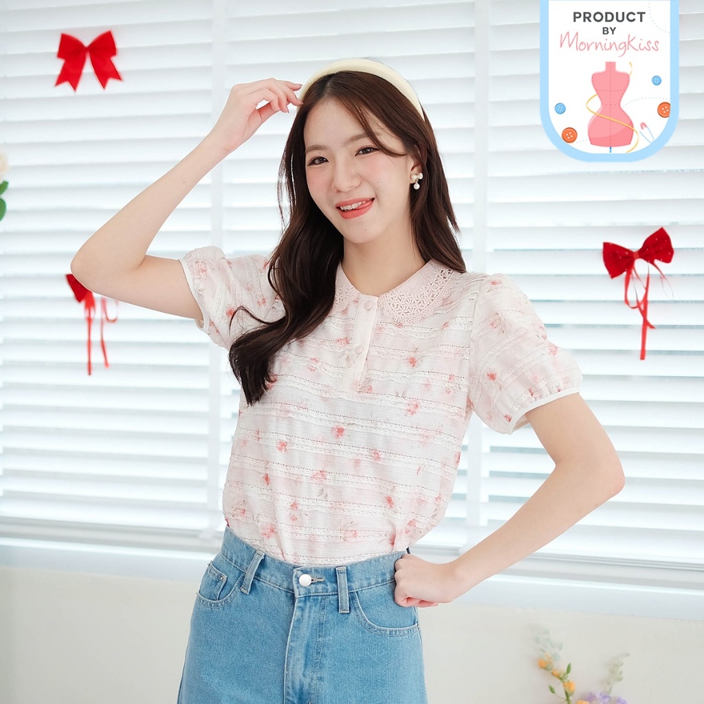 03-335 เสื้อแขนสั้นโทนสีชมพูลายดอก Puffy Pink Sweet Blouse - 6 ไซส์