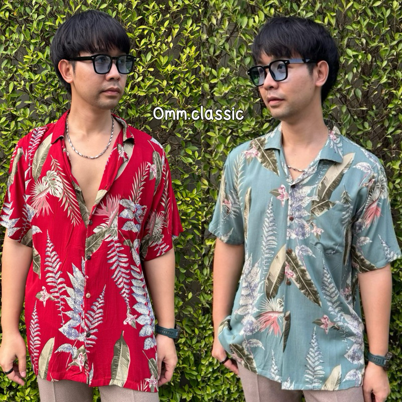 เสื้อฮาวายผ้านิ่ม(สปัน)ลายใบพาสเทลเขียว