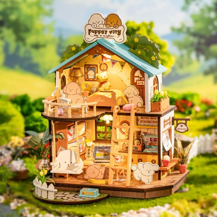 ใหม่ Puppy Villa บ้านตุ๊กตา DIY ประกอบเอง เปิดไฟได้ ต่อสนุก ไม่ใช้กาว DG169