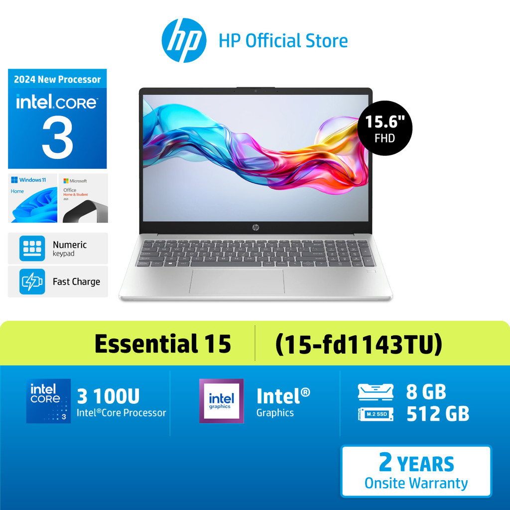 HP Notebook 15-fd1143TU , 15-fd0029TU / Intel3 100U / Intel® Graphics / 8GB/ 512GB/ Win11 / MS 21 / 2Years