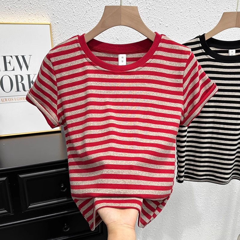 Y6Y - เสื้อเชิ้ตแฟชั่นสตรีเรโทรลายทางเสื้อครอปแขนสั้นสไตล์เกาหลีเซ็กซี่