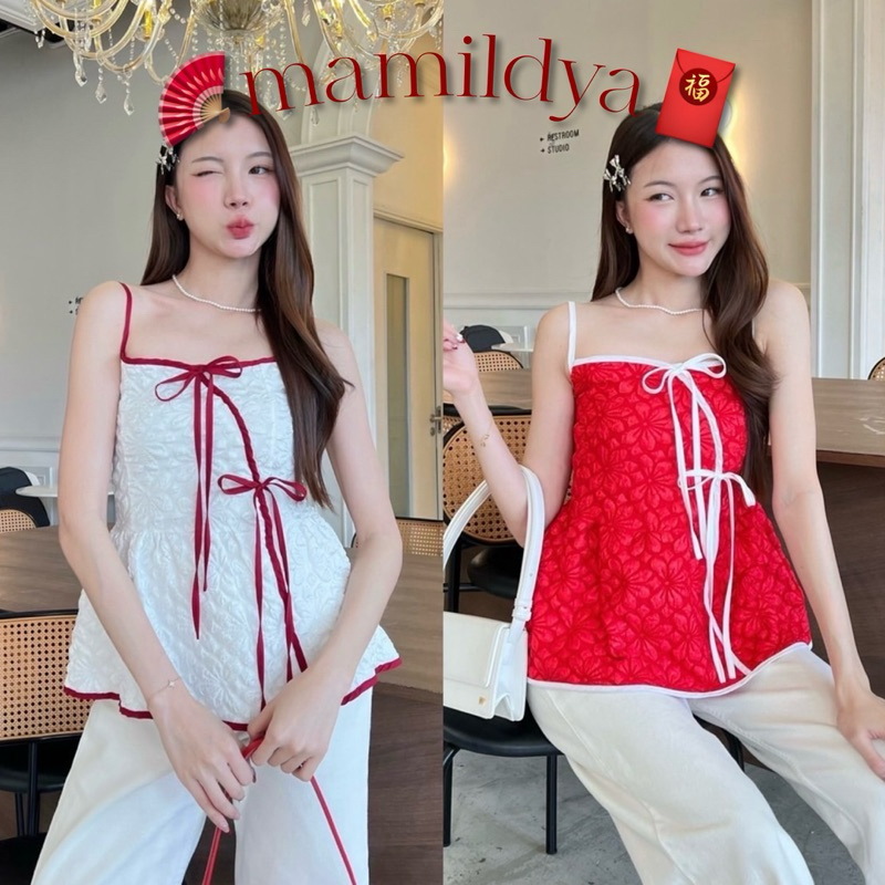 🪭🏮 🌟Mamildya.shop🌟 Chinese New year  เสื้อสายเดี่ยวผูกหน้า หลังสม็อก /U1-1 /KHUN-จีน7 ⚫