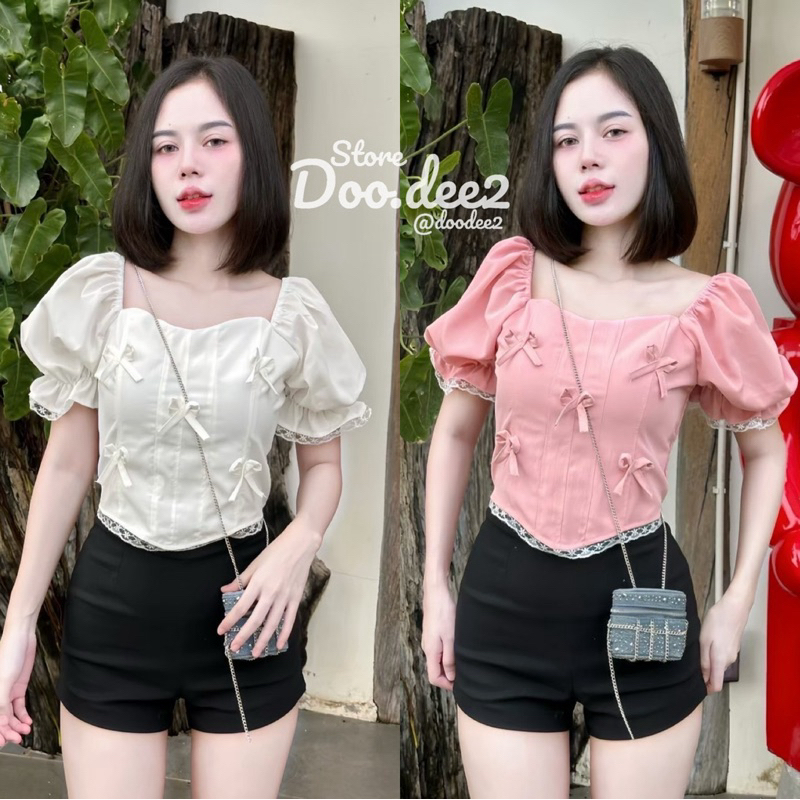 ♦️DOODEE2♦️เสื้อแขนตุ๊กตา แต่งติดโบว์รอบตัว ทรงเข้ารูป ผ้าครัช