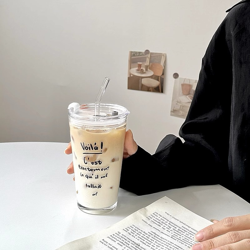 แก้วน้ำใสสไตล์ฝรั่งเศส 400ml พร้อมหลอด-rench clear tumbler with straw ถ้วยกาแฟ-มีหลอดและฝาปิด