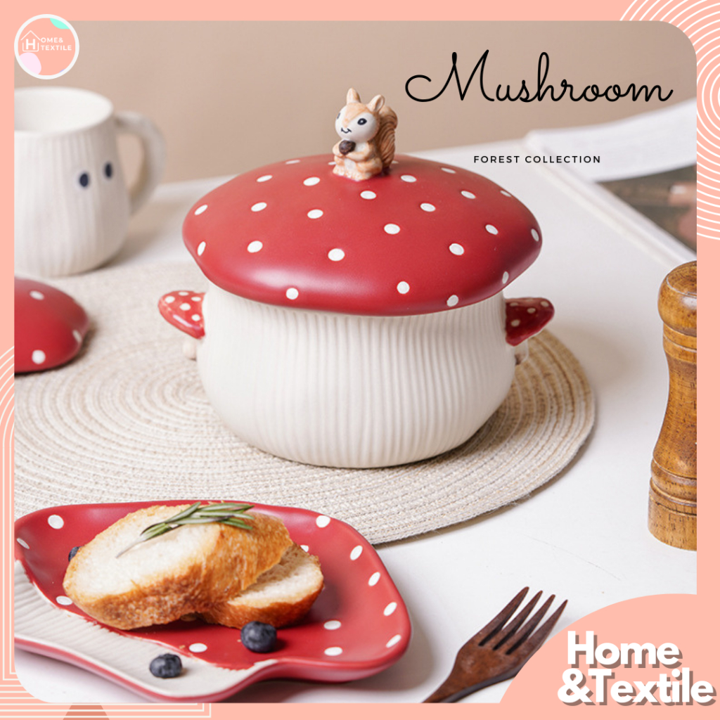 【พร้อมส่ง】จานชามเซรามิค หม้อแต่งลายเห็ดสีแดง 🍄🐿️Mushroom forest