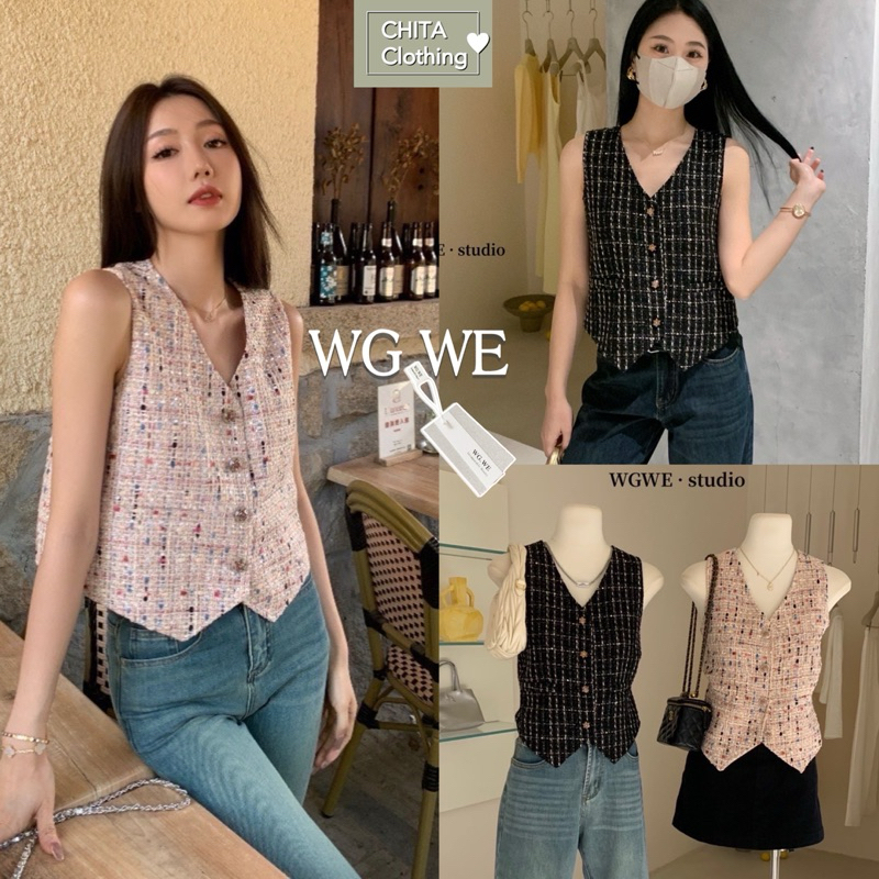 3448# เสื้อ vest ผ้าทวิส แต่งกระดุมเก๋ คอวี เนื้อผ้าดี งานสวย มีซับใน TAG:WG.WE