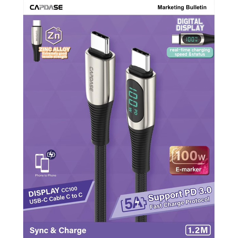 CAPDASE USB Cable Sync&Charge Type C to C / รุ่น Display cc100 / 5A 100W ความยาว1.2M