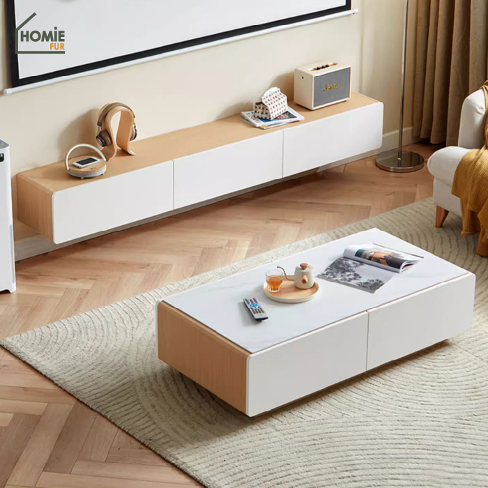 Homie - โฮมมี่ Coffe&TV Table ชุดโต๊ะกลางและโต๊ะวางทีวี งานไม้สีขาวสไตล์มินิมอล รุ่น UV1M-B