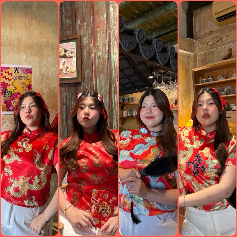 เสื้องานกี่เพ้า เนื้อผ้าซาติน งานปริ้นลายมังกร งานกระดุมจริง ใช่งานง่าย