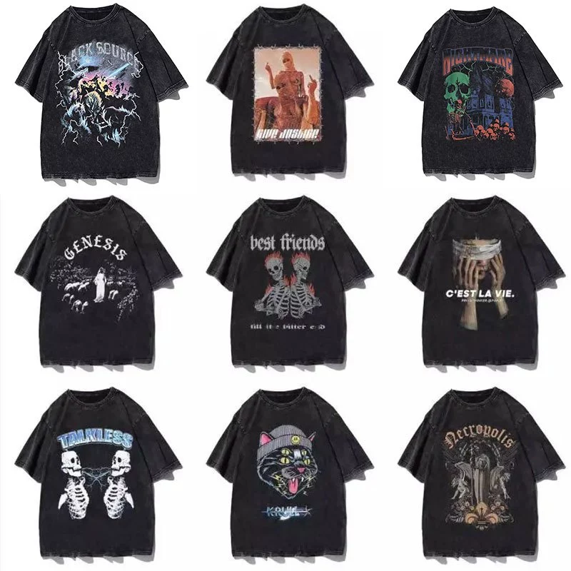เสื้อฟอกวินเทจผู้ชายเท่ๆ oversize ผ้าฝ้าย 100%เสื้อผ้าแฟชั่นสไตล์เกาหลี สไตล์ฮิปฮอป เสื้อยืดคู่กับแฟนไซร์ใหญ่ชายหญิง