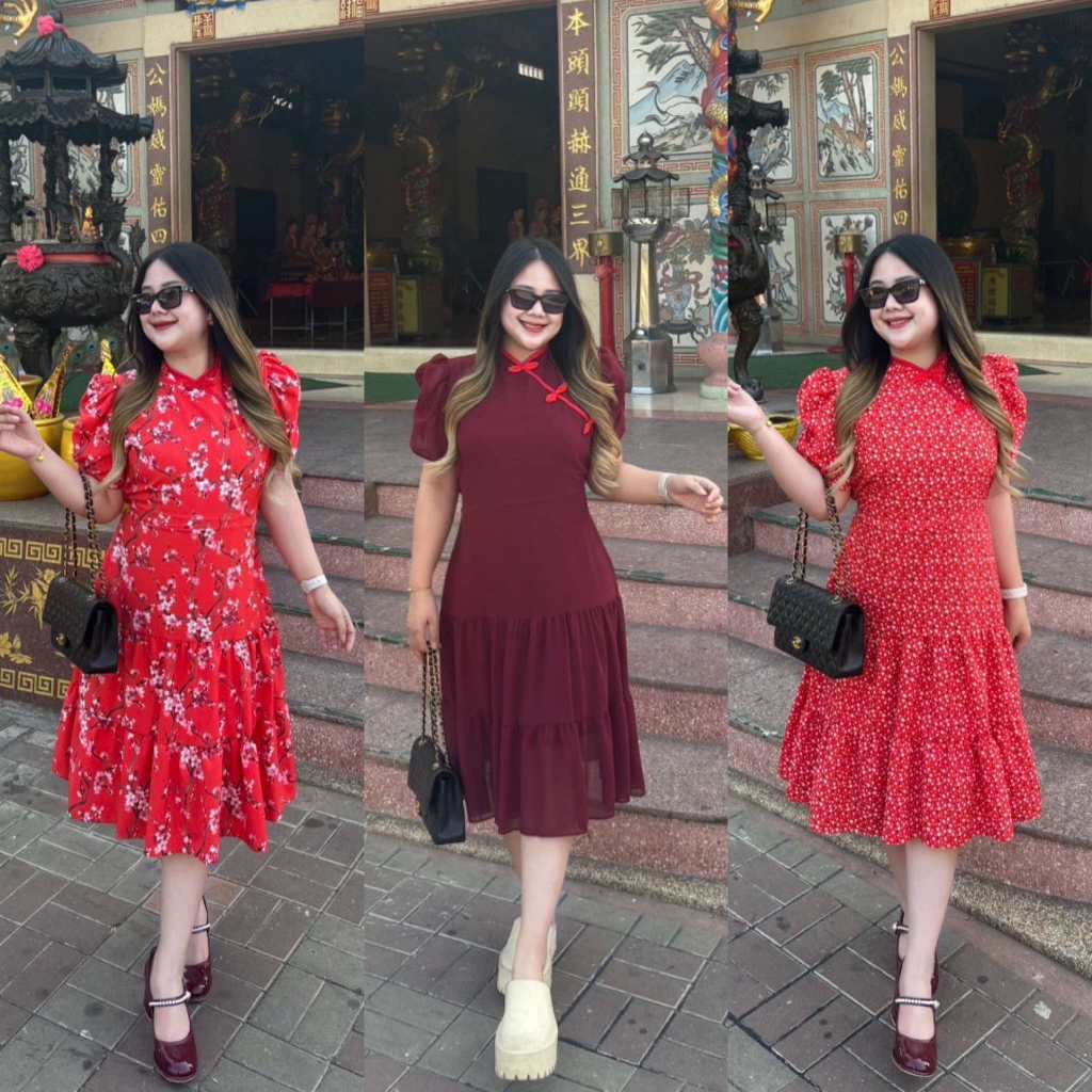 (D821)ชุดเดรสตรุษจีนลายสวยเนื้อผ้าดีใส่สบาย