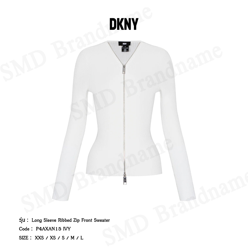 DKNY เสื้อคาร์ดิแกนผู้หญิง รุ่น Long Sleeve Ribbed Zip Front Sweater Code: P4AXAN15 IVY