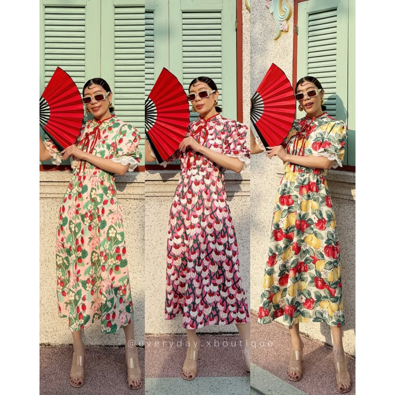 9923 🍓🧧CNY COLLECTION 🧧🍓CNY DRESS BALLON SLEEVES studiox2เดรสคอจีนแขนบอลลูนแต่งลูกไม้ที่ชายแขน เอวจั