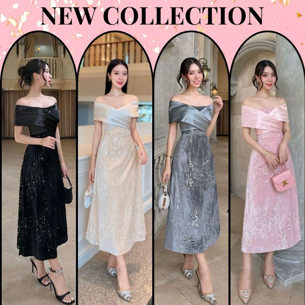 𝐒⁃𝐗𝐋 4 สี เดรสออกงาน ชุดไปงานแต่ง งานป้าย Adora เดรสปาดไหล่ เดรสกลิตเตอร์