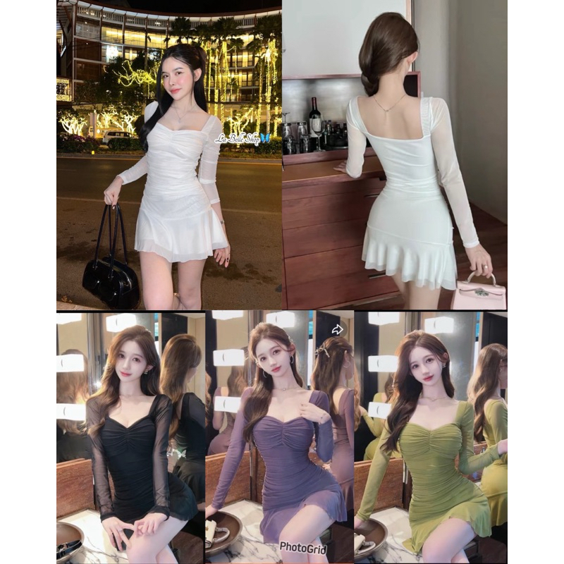 🎊mnv_shop🎊 งานมาใหม่นะคะ  เดรสแขนยาว ผ้าซีทรู มีซับใน  จับจีบย่นหน้าอกและช่วงข้าง