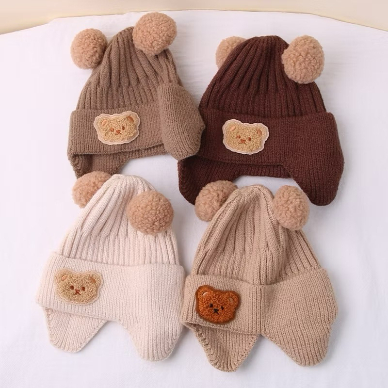 🐻หมวกเด็กกันหนาวปิดหูมินิมอลแต่งหน้าหน้าหมี🐻 สำหรับเด็ก 3เดือน ถึงสองขวบ