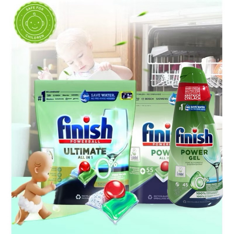 Finish dishwasher powerball 0% all in 1 max ฟินิชน้ำยาล้างจานชนิดเม็ดสำหรับเครื่องล้างจานไร้สารเคมี​