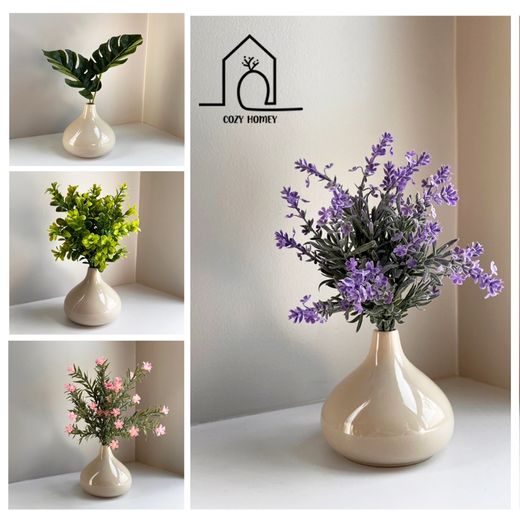 ชุดแจกันเซรามิก ทรงกลมสีครีม พร้อมดอกไม้ ตกแต่งบ้าน | Flower Vase - Cozy Homey