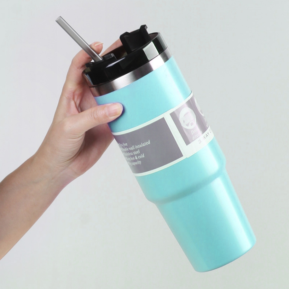 แก้วเก็บความเย็น กระบอกน้ำเก็บอุณหภูมิ แก้วเก็บอุณหภูมิ 304 สแตนเลส พร้อมหูจับ อเนกประสงค์ 30oz แถมหลอด