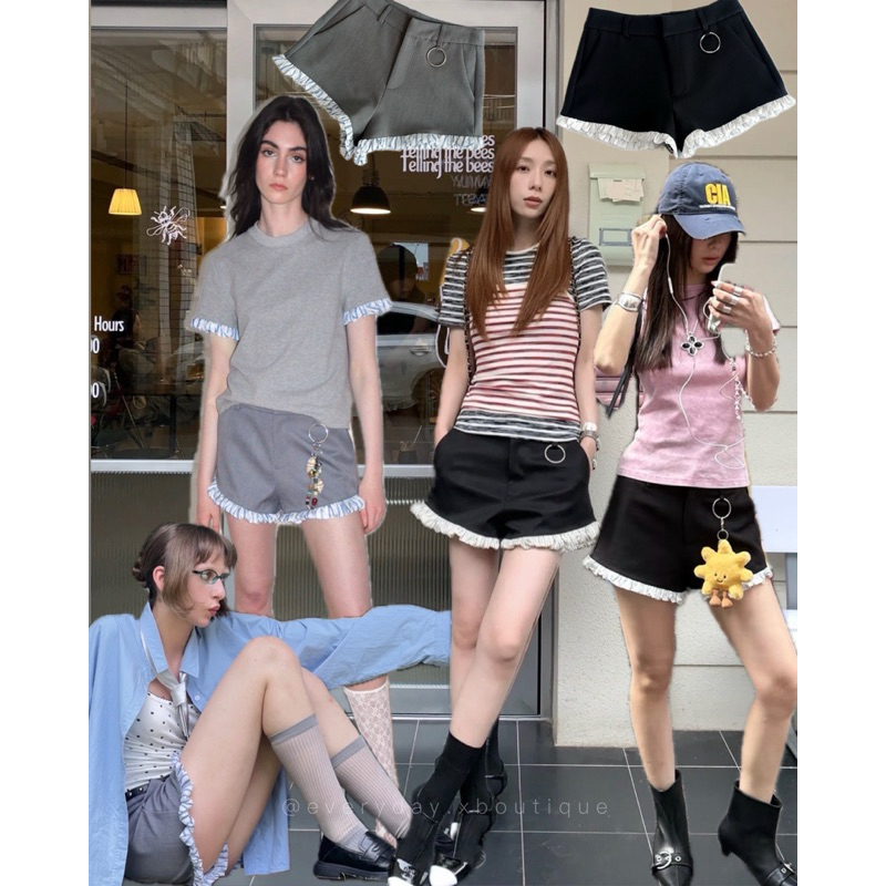 𝗠𝗢𝗟𝗟𝗬 𝗠𝗜𝗡𝗜 𝗦𝗛𝗢𝗥𝗧𝗦☁️🩶🖤(SM 490฿) ไอเท็มใหม่ล่าสุด! กางเกงขาสั้นดีไซน์ปลายขาเย็บผ้าระบายริ้ว มีกิมมิคแต