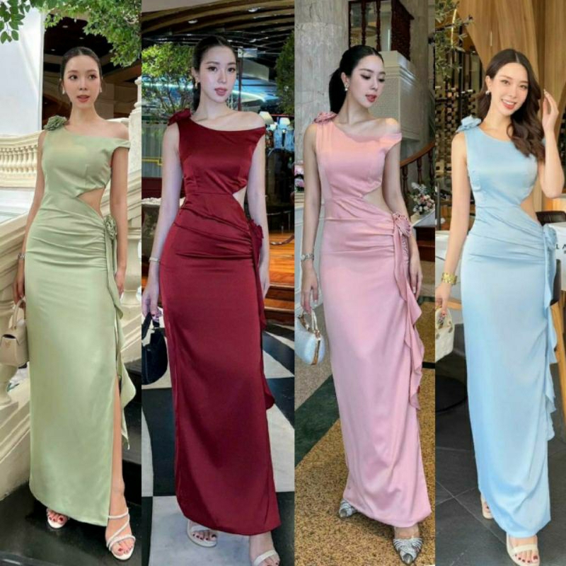 (XS-L)LALADA พร้อมส่งเดรสไปงานสวยหรูใส่แบบไหล่ตก เอวแต่งเว้าเซ็กซี่ แต่งดอกไม้เอวและไหล่ อกเสริมฟองน้า สีสวยขับผิวออร่า