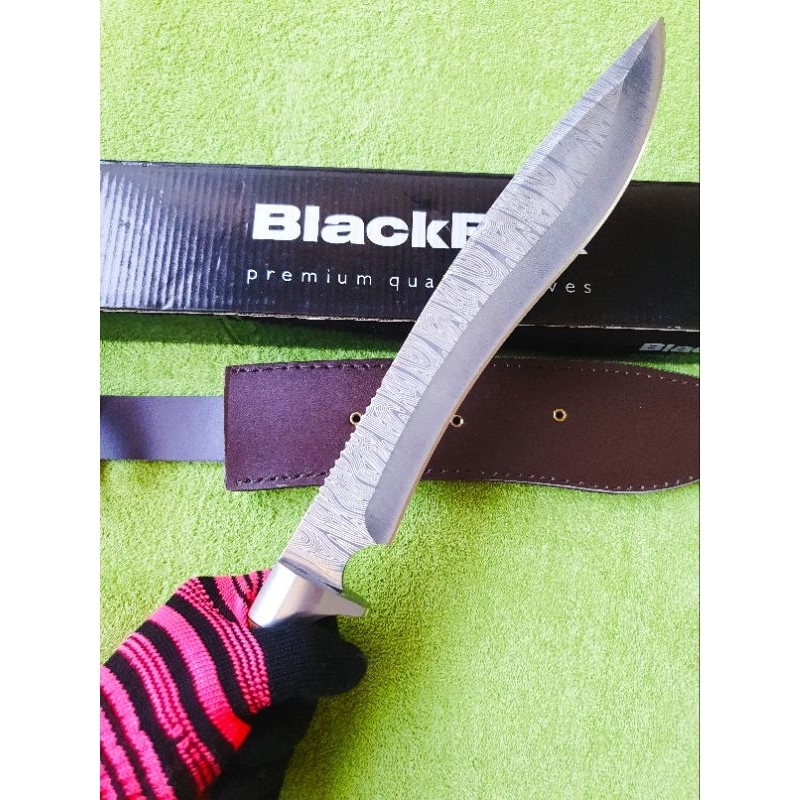 มีดพก BlackFox kukri Damuscus Laser Veins pattern knife ใบลายดามัสกัส พร้อมปลอกหนังคมๆ มีดพกด้ามไม้(