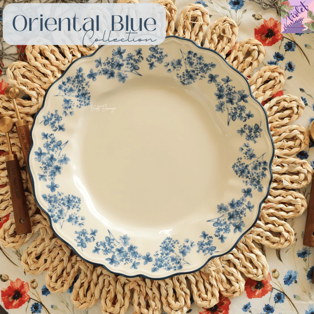 Violet Flamingo จานชามเซรามิครุ่น Oriental Blue จานสีขาวน้ำเงินลายดอกไม้ สไตล์ตะวันออกผสมวินเทจ เข้าไมโครเวฟได้