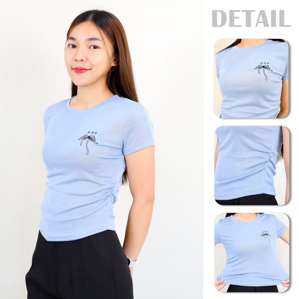 412# 412-2xl# เสื้อยืด ผู้หญิง มี 2 ไซส์ คอกลม แขนสั้น เอวจั้ม ปักโบว์ ผ้าร่องเล็ก
