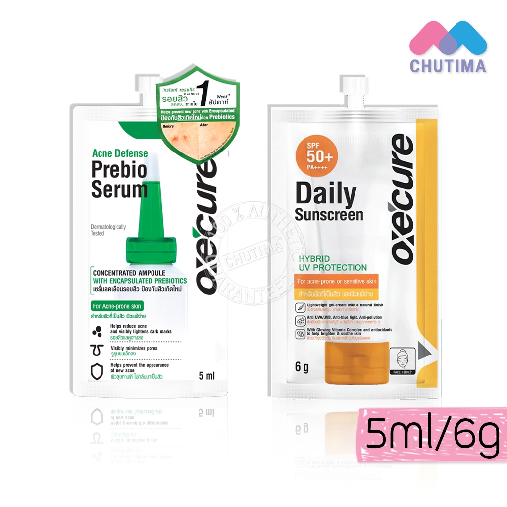 (ซอง) เซรั่มลดรอยสิว/ กันแดด อ๊อกซีเคียว Oxe'cure Daily Sunscreen/ Acne Defense Prebio Serum 5ml./ 6g.