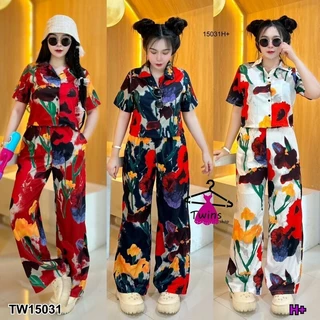 TT15031 Set 2 ชิ้น เสื้อเชิ้ตลายดอกไม้ + กางเกงขายาวเข้าเซต Set of 2 pieces. Floral shirt + trousers in a set.