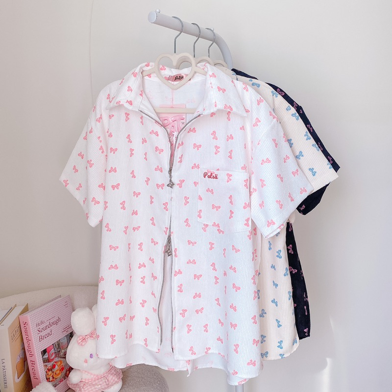 เสื้อลูกฟูกพิมพ์ลายโบว์🎀น่ารักมาก ทรงโอเวอร์ไซต์‼️ซิปรูดปรับได้ #สาวอวบ ใส่ได้น้า