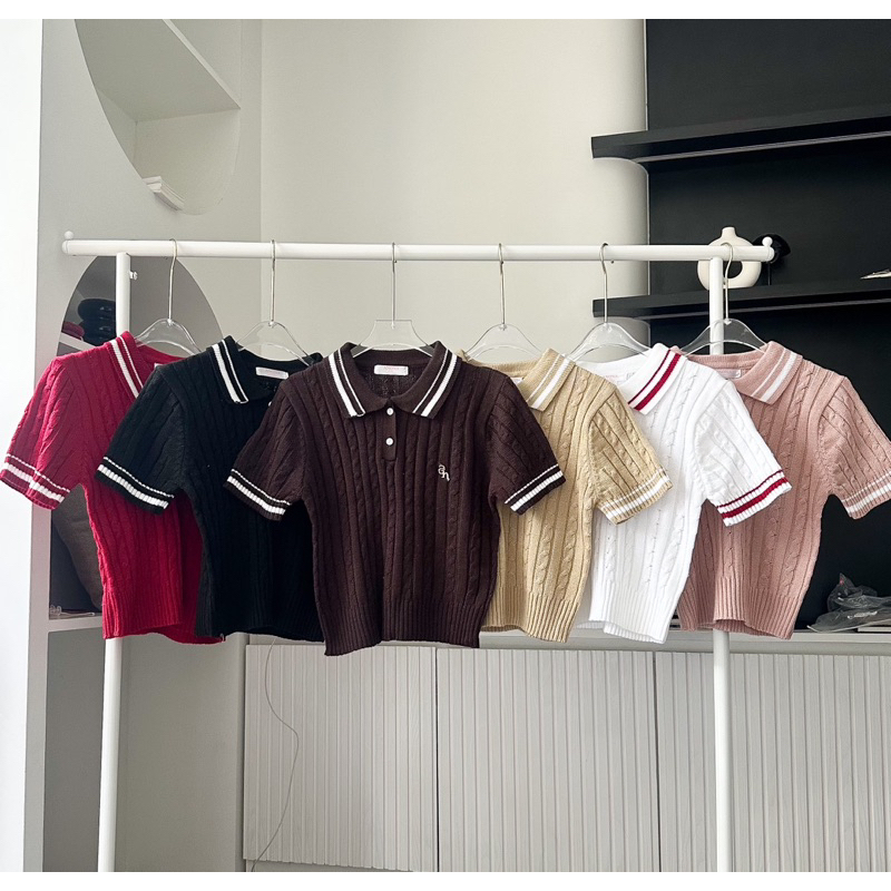 Guessii Top เสื้อโปโล ไหมพรหมทูโทนคอปกและปลายแขน🔥พร้อมส่ง
