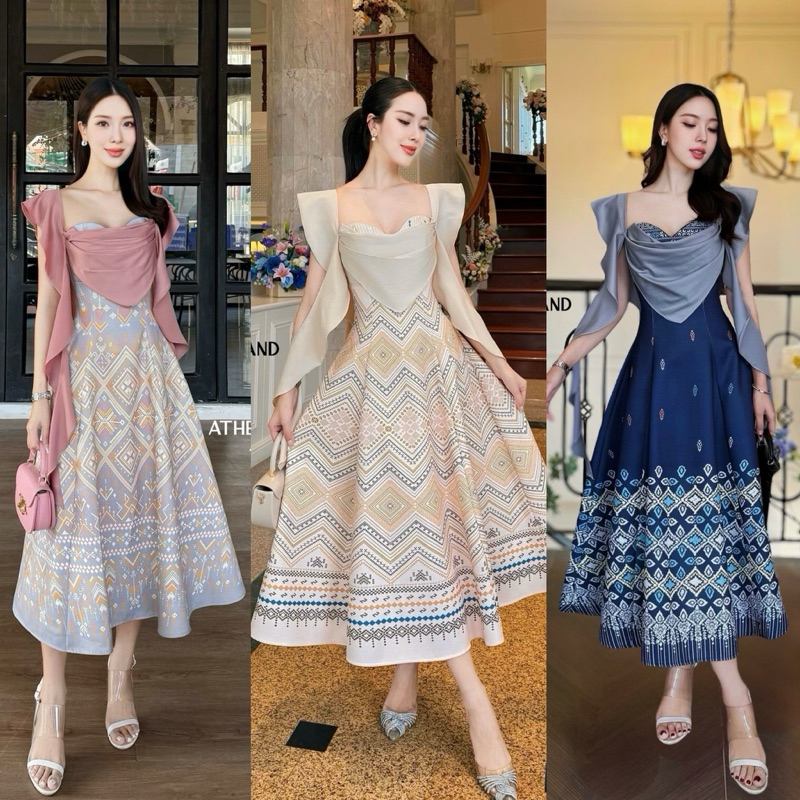 📌📌พร้อมส่ง 🏷️ATHENA #1-3338 Dress พิมพ์ลายเจ้าหญิง ชุดผ้าไทย ชุดไทย ออกงาน งานเช้า เรียบหรู ทำบุญ
