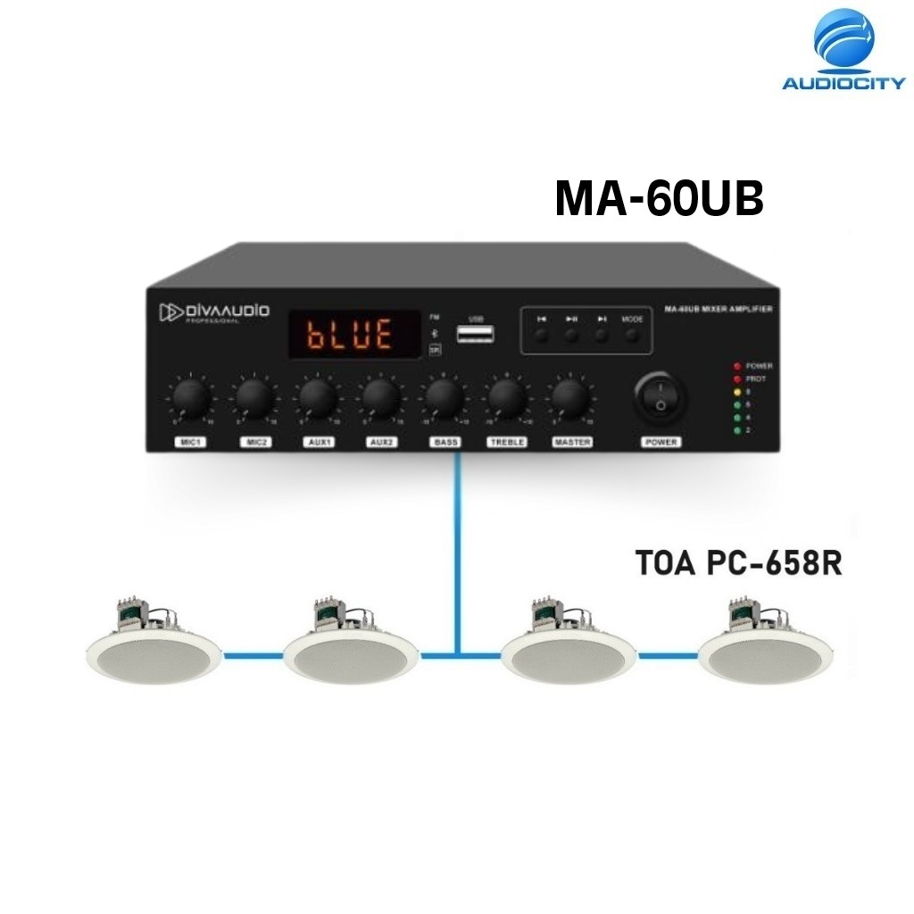 DIVAAUDIO MA-60UB+TOA PC-658R ชุดพร้อมใช้งานเครื่องขยายเสียง 60 วัตต์+ลำโพงติดเพดานขนาด 6 นิ้ว 6 วัตต์