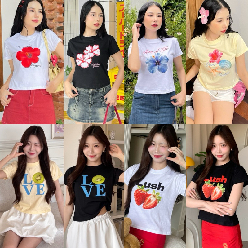 (จัดส่งตลอด 24 ชั่วโมง) - พร้อมส่ง เสื้อครอป เสื้อยืดคอกลมแขนสั้น ทรง slimfit ผ้า cotton 100%