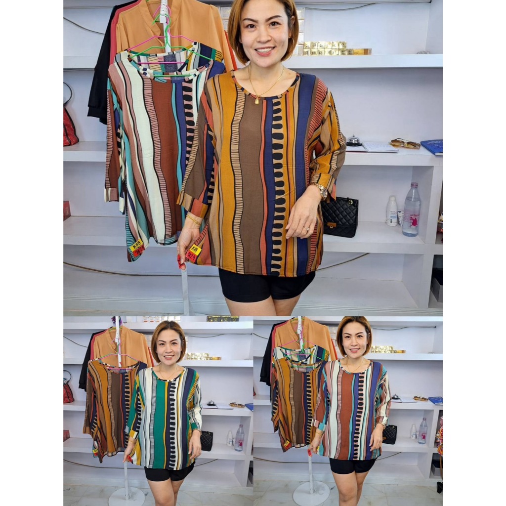 **พร้อมส่ง**ห24///เสื้อคอกลมแขนศอกริ้วคดผ้าสปัน ฟรีไซ48-50นิ้ว ยาว27นิ้ว หน้าผ้า50นิ้ว ราคา139บาท