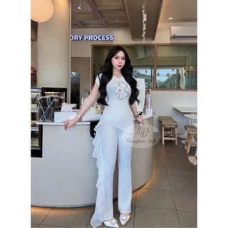 KP6 กางเกงขาม้าวูลเวฟแต่งชายระบายผ้าชีฟอง เอวสูงเหนือสะดือ พรางหุ่น สวย หรู Clothing เสื้อผ้า ผู้หญิง