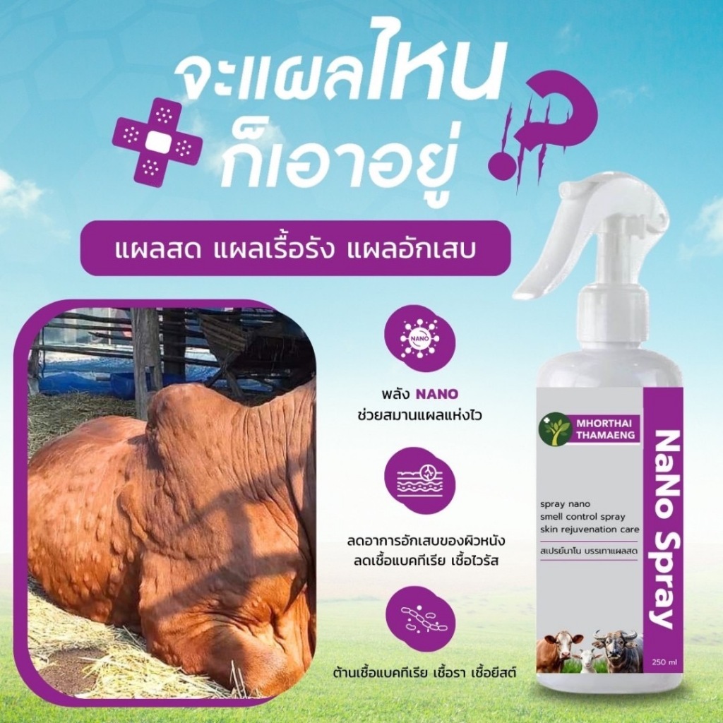 สเปรย์นาโน แผลแห้งไว Nano Spray  วัว กระบือ เเพะ แผลสด แผลอักเสบ 250ml ฟื้นบำรุงผิวหนัง Insect Repel