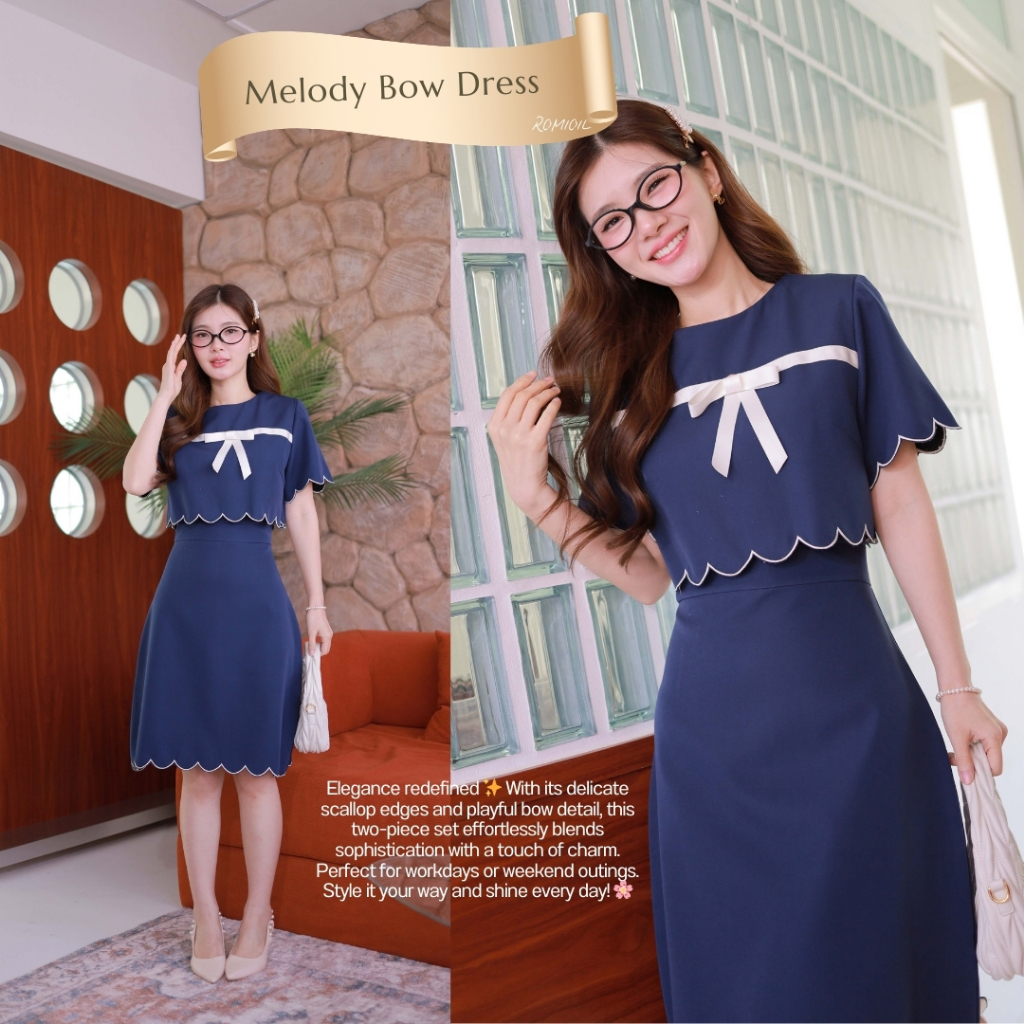 Romi"Oil" Melody Bow Dress (White) J528 ชุดเดรสสีกรม (สีพื้นระบายโค้งแต่งโบว์หน้าอก) ความยาว 37 นิ้ว