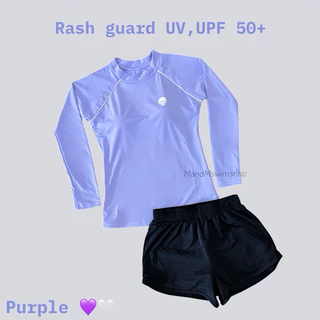 ชุดว่ายน้ำผู้หญิงแขนยาว คู่กับ กางเกงว่ายน้ำทรงสปอร์ตสองชั้น กันยูวี UV UPF50+ งานไทย แบรนไทย สีขาว สีม่วง