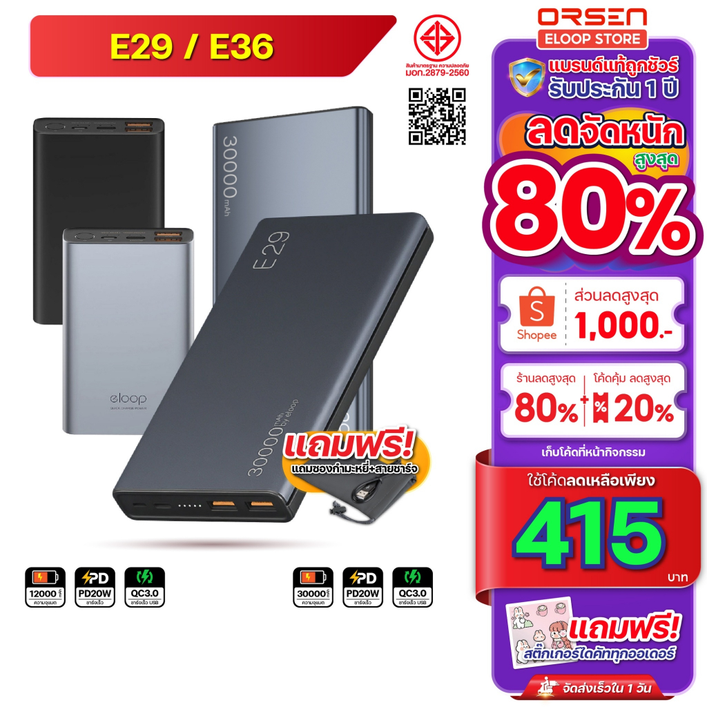 [412บ. โค้ดคุ้ม] Orsen Eloop Store E29 E36 แบตสำรอง ชาร์จเร็ว Power bank พาวเวอร์แบงค์