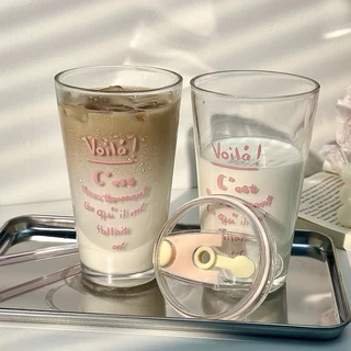 แก้วน้ำใสสไตล์ฝรั่งเศส 400ml พร้อมหลอด-rench clear tumbler with straw ถ้วยกาแฟ-มีหลอดและฝาปิด