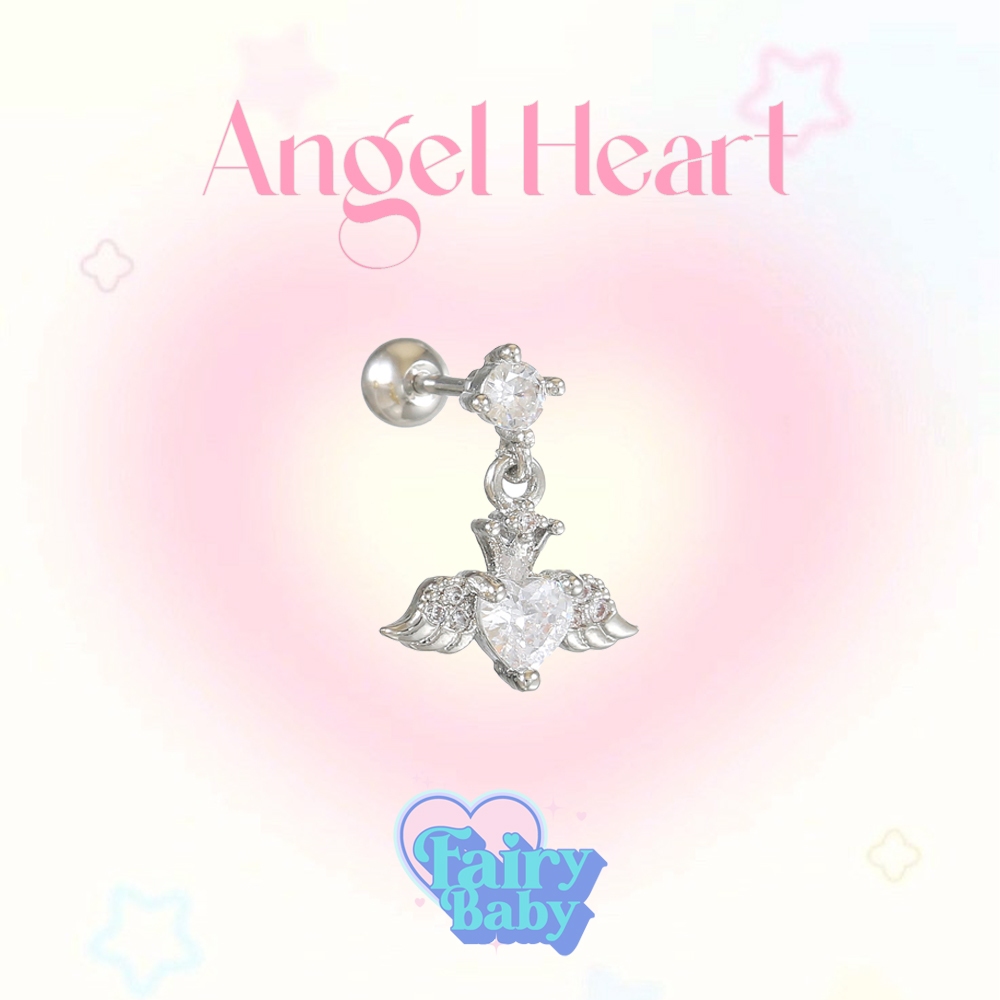 Fairybaby จิว Angel Heart (1 ชิ้น) จิวหู หัวใจ มีปีก เพชวิ้ง สวยงาม แป้นกลม
