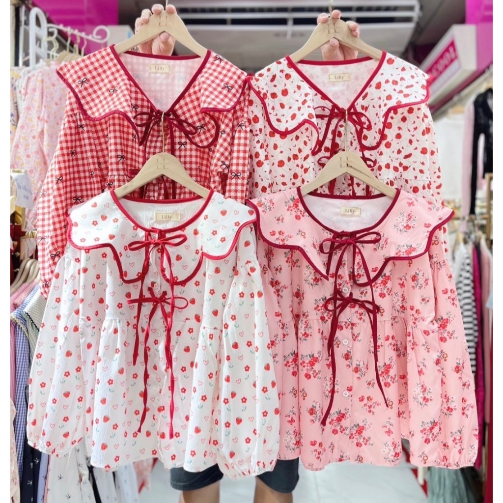 ป้าย Lilly เสื้อผ้าครัชแขนยาวปกหยักกุ้นสี แต่งโบว์ผูก อก 42 นิ้ว