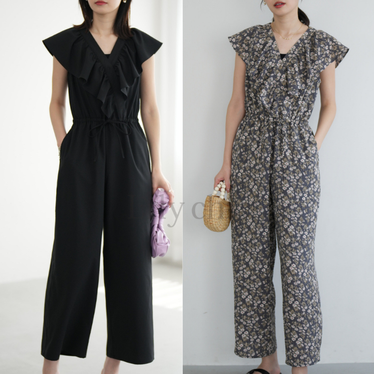 🇯🇵JJ Closet ชุดเอี๊ยมกางเกง ชุดลายดอก ขายาว ไม่รัดต้นขา ปรับเอวได้ ไสตล์แคชโคเออร์