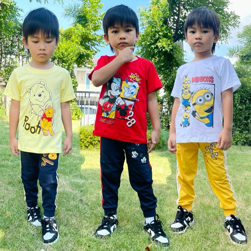 ชุดเซ็ทรุ่นสโลป(สีพื้น) เสื้อแขนสั้น+กางเกงขายาว ชุดเด็ก ลายซุปเปอร์ฮีโร่ การ์ตูน ผ้าCotton100% ปลายขาจั๊ม