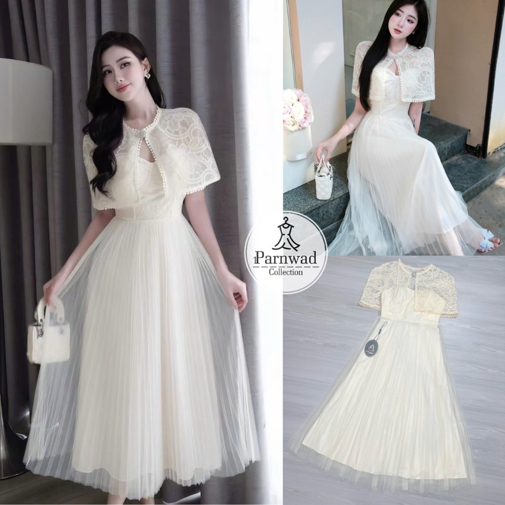 Preorder—parnwad-เดรสสายเดี่ยวตัวยาวบุลูกไม้ช่วงอกเสริมฟองน้ำ ทรงสวยมากๆๆ ผ้าทิ้งตัว ช่วงล่างมุ้งสองชั้นเย็บติด